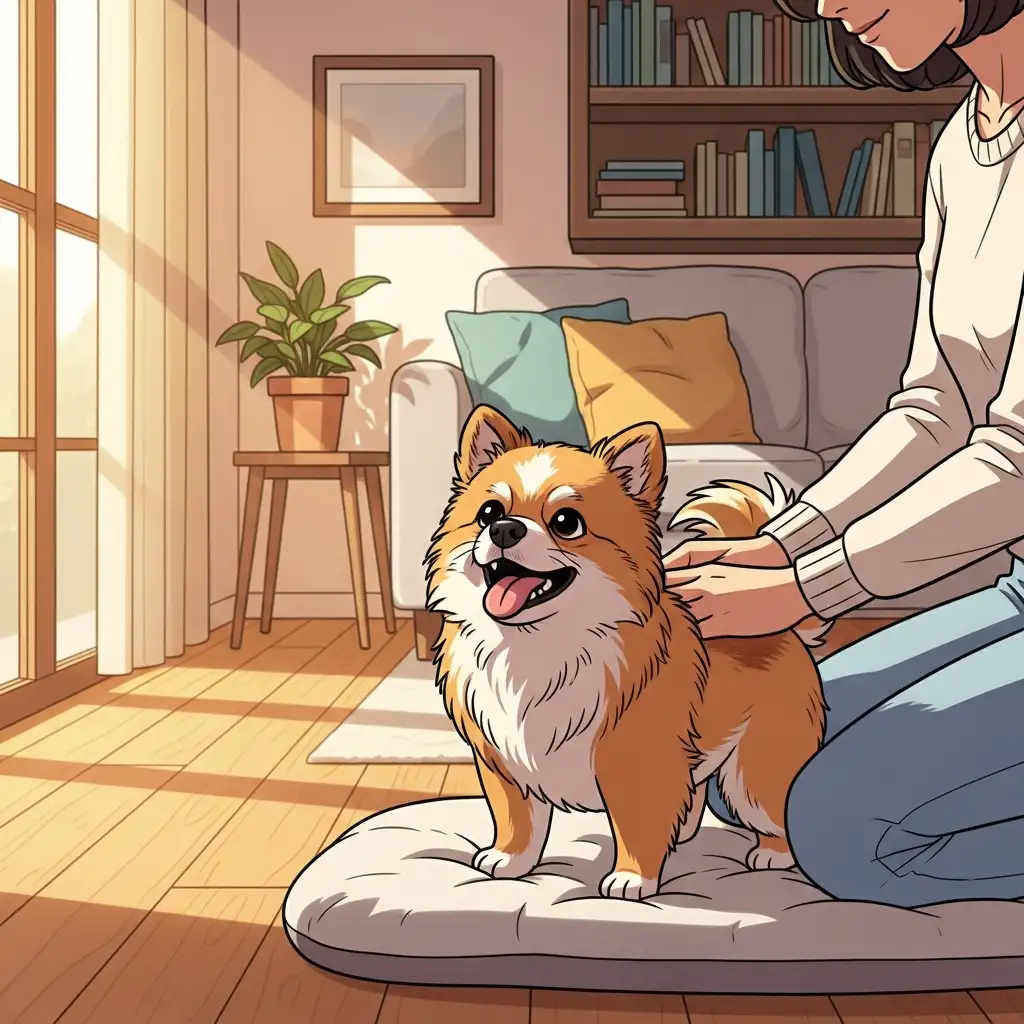 햇살이 비치는 거실에서 마사지를 마친 후 보호자를 사랑스러운 눈빛으로 바라보며 행복해하는 작은 강아지입니다.