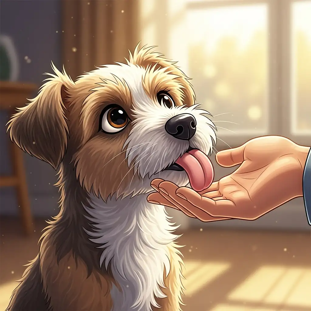 밝은 실내에서 커다란 눈망울로 보호자를 바라보며 손을 부드럽게 핥고 있는 귀여운 강아지의 근접 사진