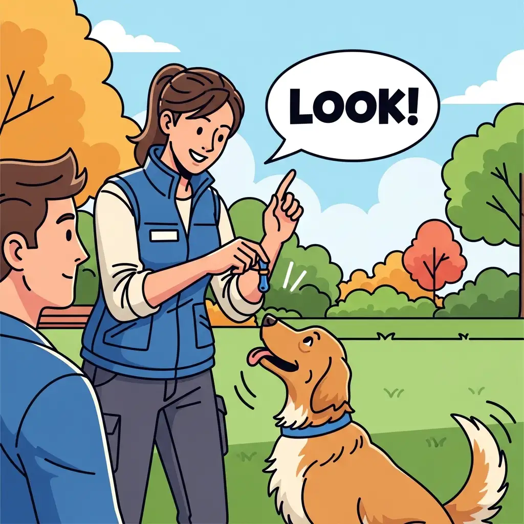 공원에서 전문가가 보호자에게 간식과 명령어를 사용하여 강아지의 핥는 행동을 교정하는 방법을 시연하는 모습