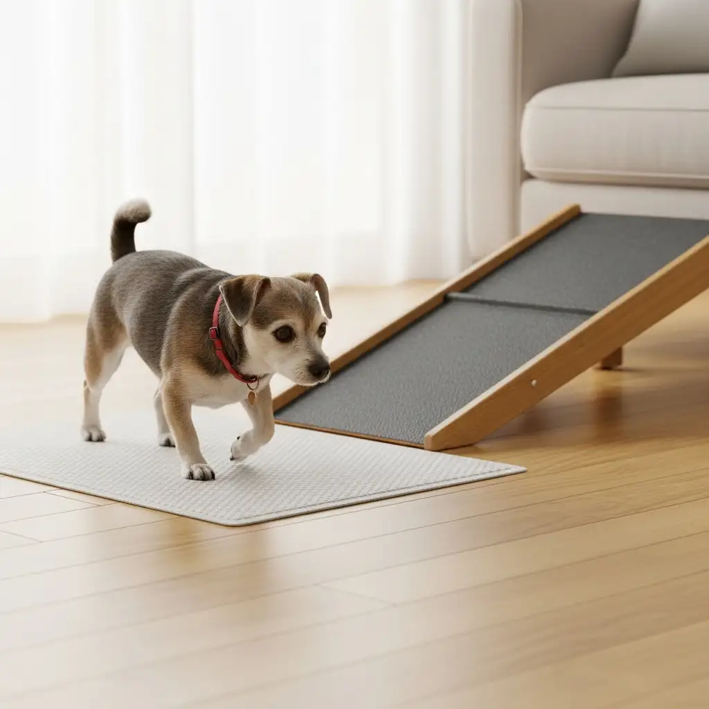 거실 바닥에 깔린 미끄럼 방지 매트 위를 천천히 걸어가며 소파 옆에 설치된 강아지 전용 계단을 이용하려는 시니어견의 모습입니다