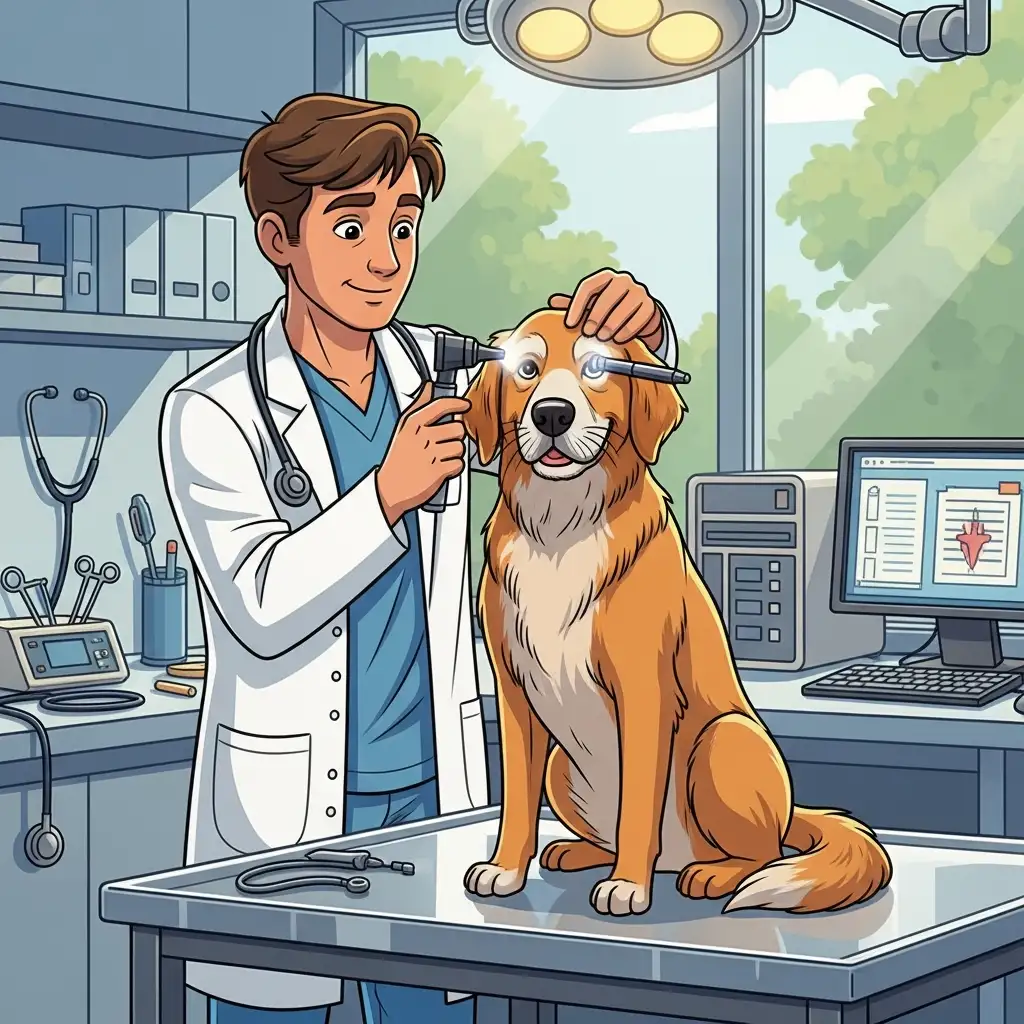 동물병원 진료실에서 수의사가 정기 건강검진을 위해 노령견의 눈과 귀 상태를 꼼꼼하게 살피며 검사하는 장면입니다