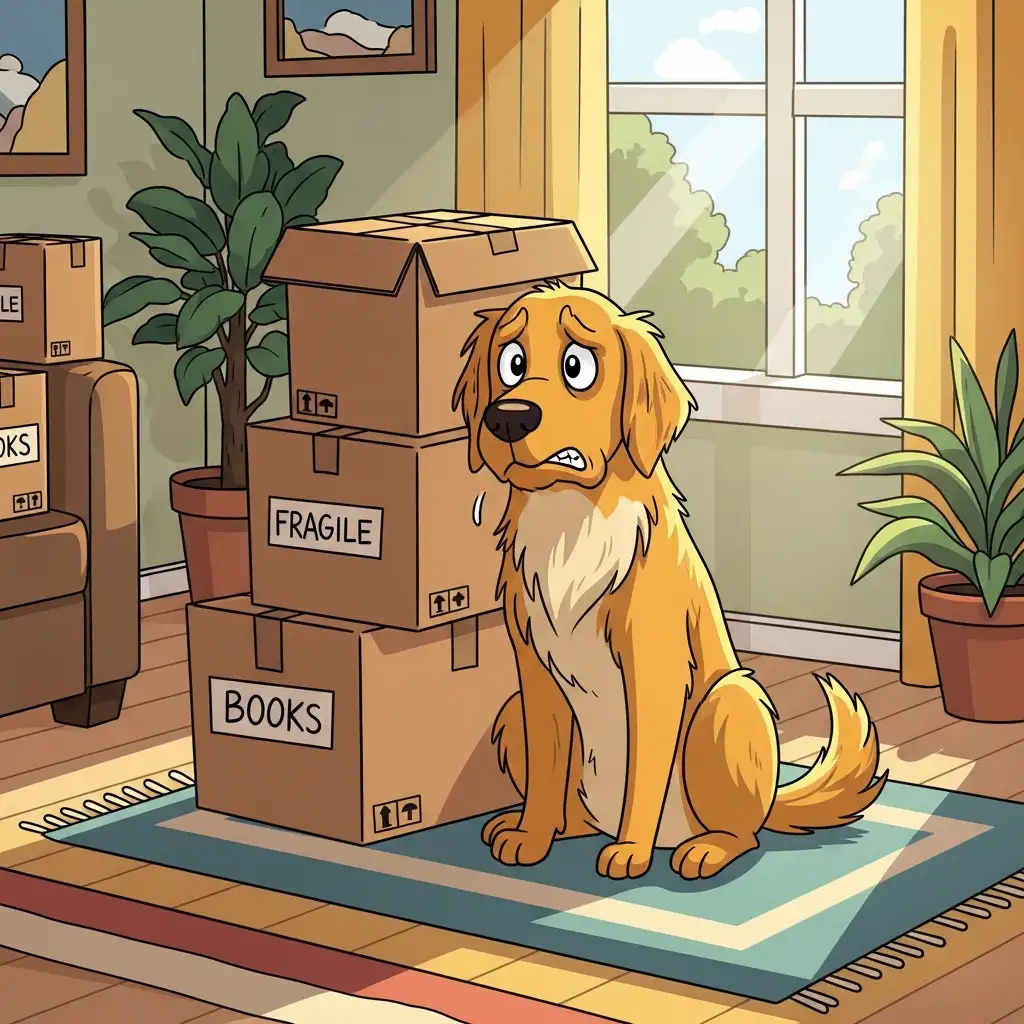 이사 짐 꾸러미 옆에서 불안한 표정으로 앉아 있는 골든 리트리버 강아지의 모습