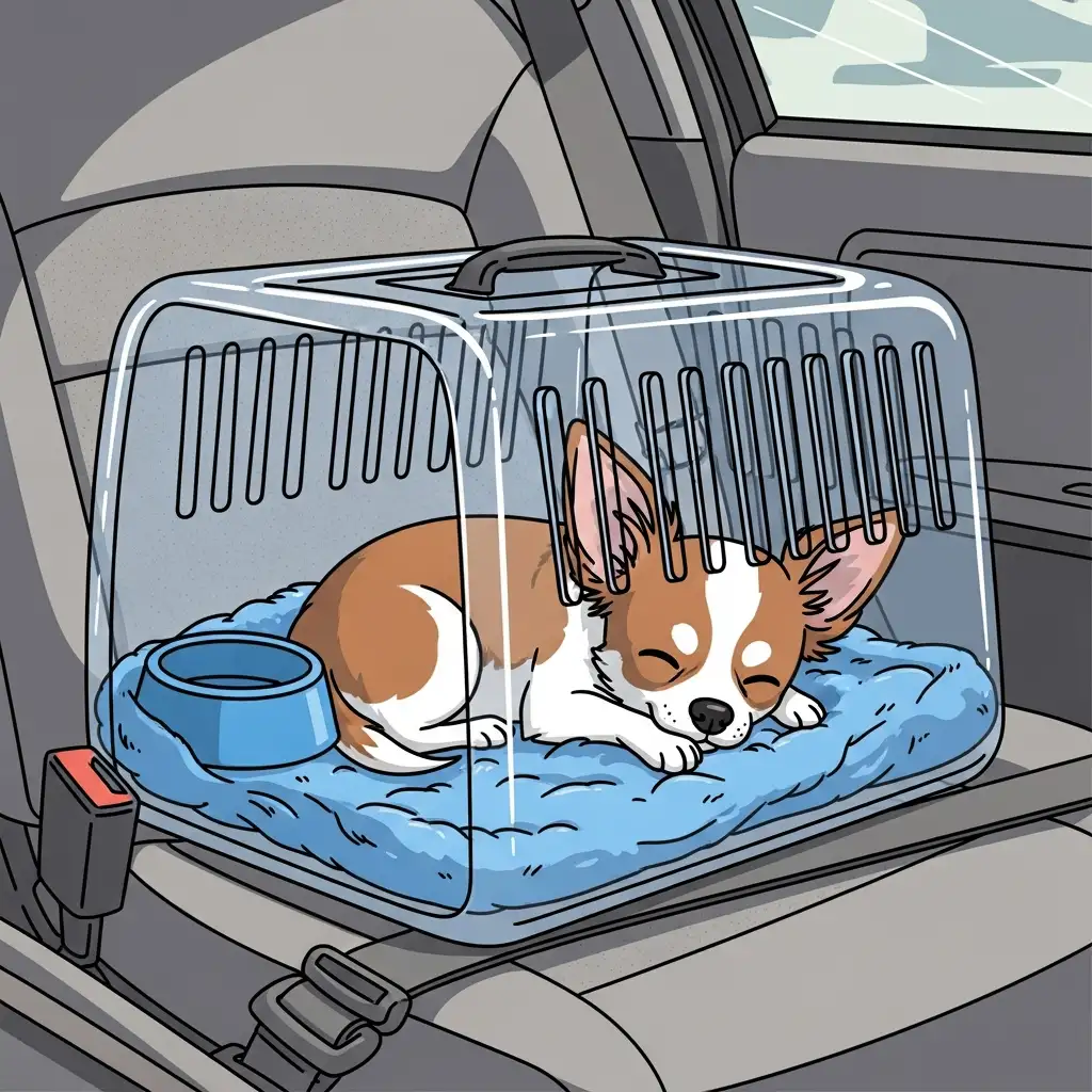 자동차 시트 위 안전한 이동장에 들어가 편안하게 쉬고 있는 작은 강아지의 모습