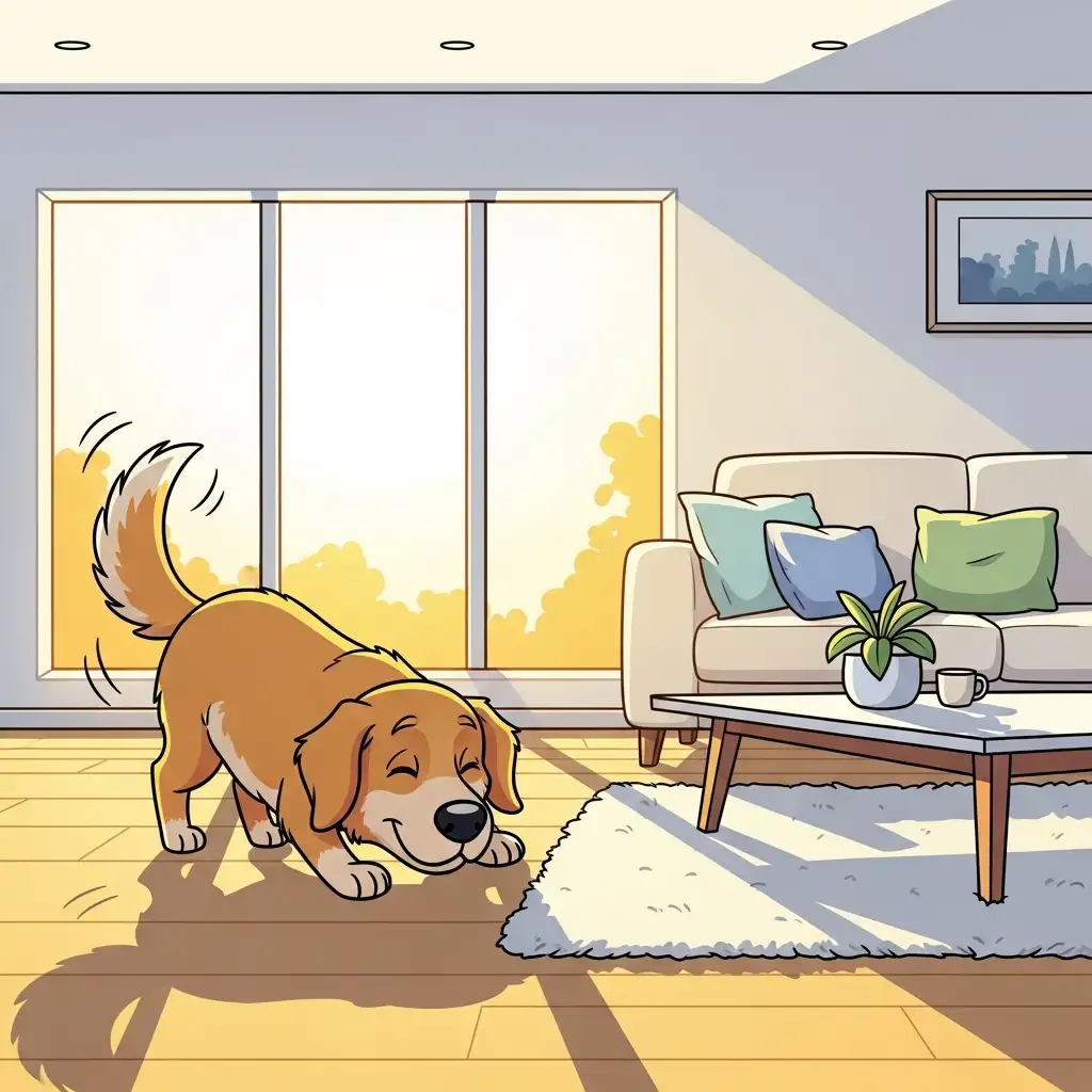 햇살이 비치는 새로운 거실 바닥을 킁킁거리며 냄새 맡고 탐색하는 행복한 강아지