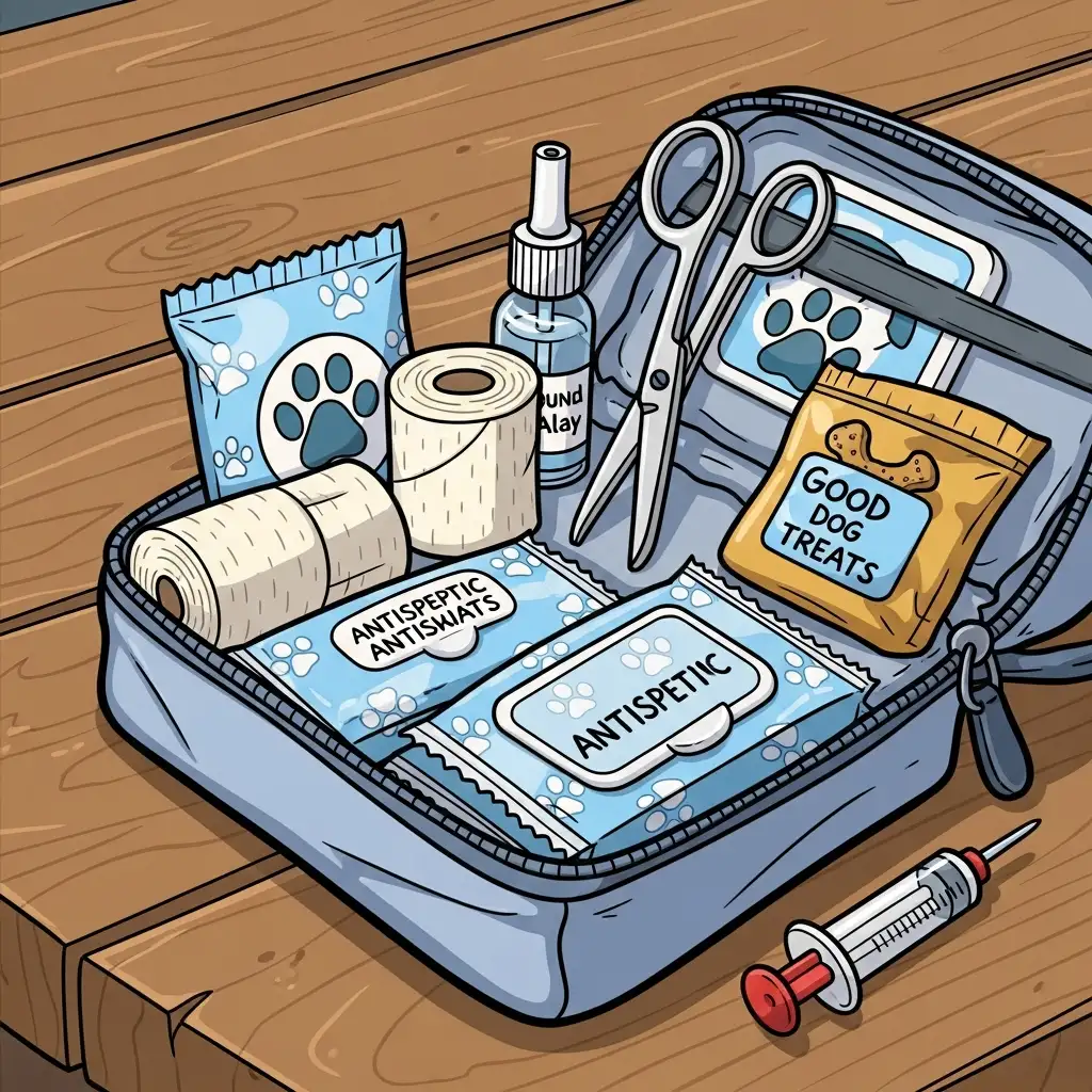 나무 테이블 위에 놓인 붕대, 소독용 티슈, 간식 주머니가 포함된 강아지 전용 구급상자 상세 사진