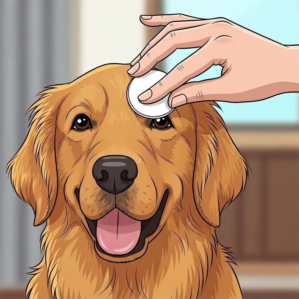 보호자가 부드러운 면 패드를 사용하여 강아지의 눈가를 조심스럽게 닦아주며 위생 관리를 해주는 장면입니다.