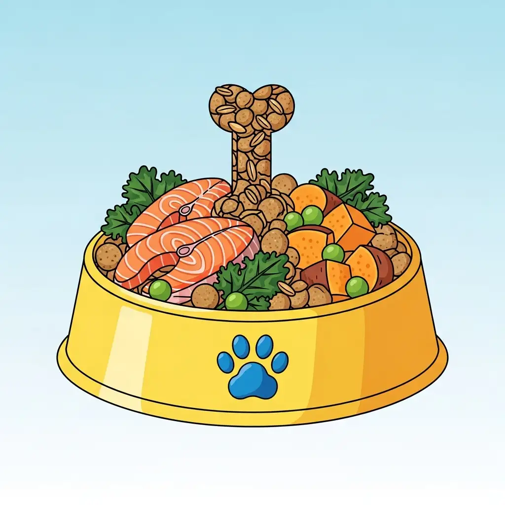 알레르기 유발 가능성을 낮춘 건강한 원료로 만든 강아지 사료가 그릇에 담겨 있는 모습입니다.