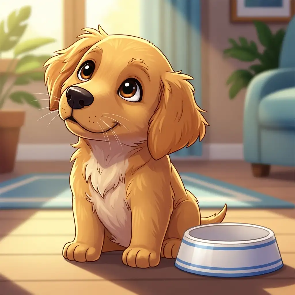 강아지 중성화 수술 전 금식을 위해 빈 밥그릇 옆에서 기다리고 있는 귀여운 강아지의 모습