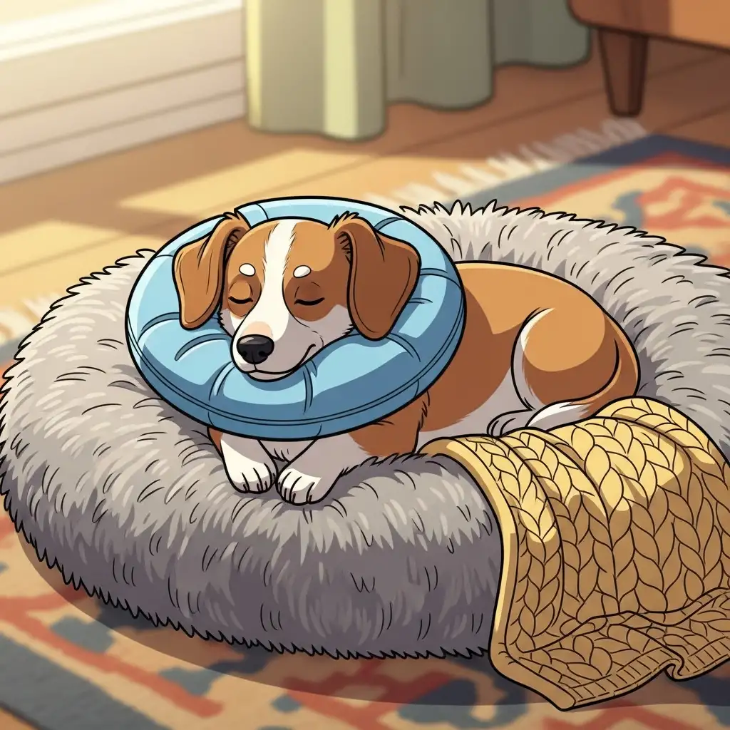 수술 후 회복을 위해 부드러운 넥카라를 착용하고 편안하게 쉬고 있는 강아지의 모습