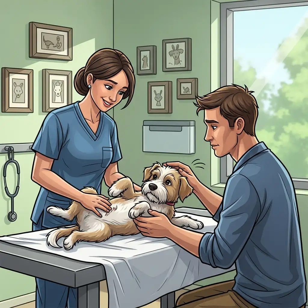 동물병원에서 수의사가 강아지의 수술 부위를 꼼꼼하게 확인하며 상태를 점검하는 장면