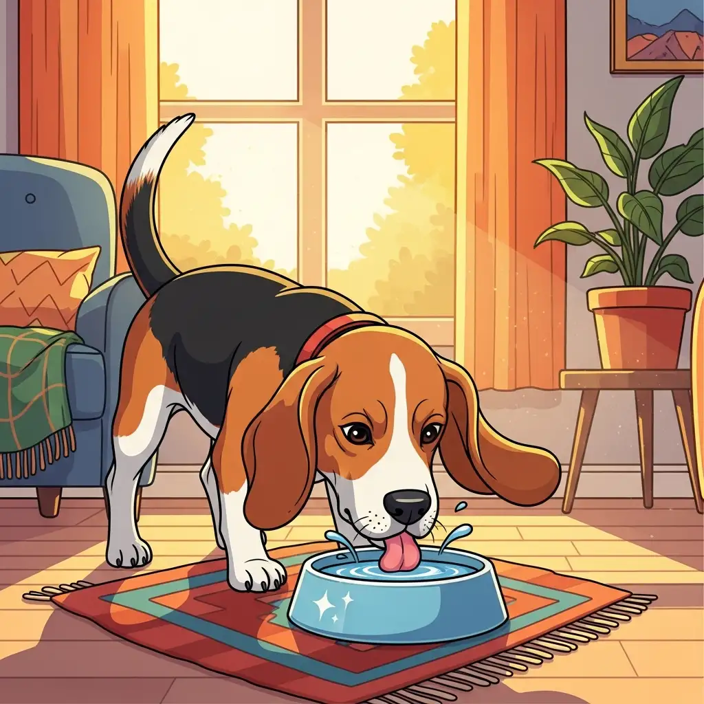 미세먼지 배출을 돕기 위해 실내에서 깨끗한 물을 섭취하고 있는 건강한 강아지