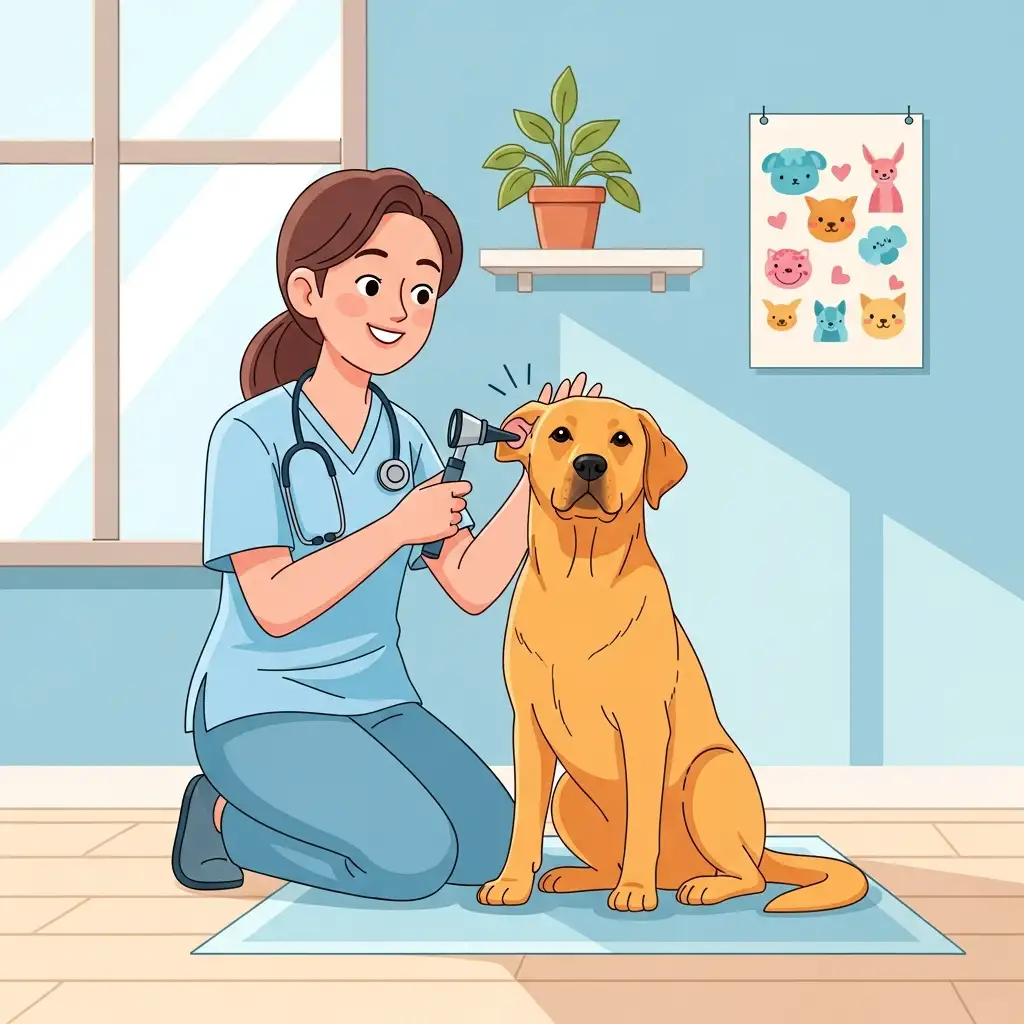 전문가가 반려견의 귀 상태를 꼼꼼하게 확인하며 건강한 귀 관리를 돕는 모습입니다