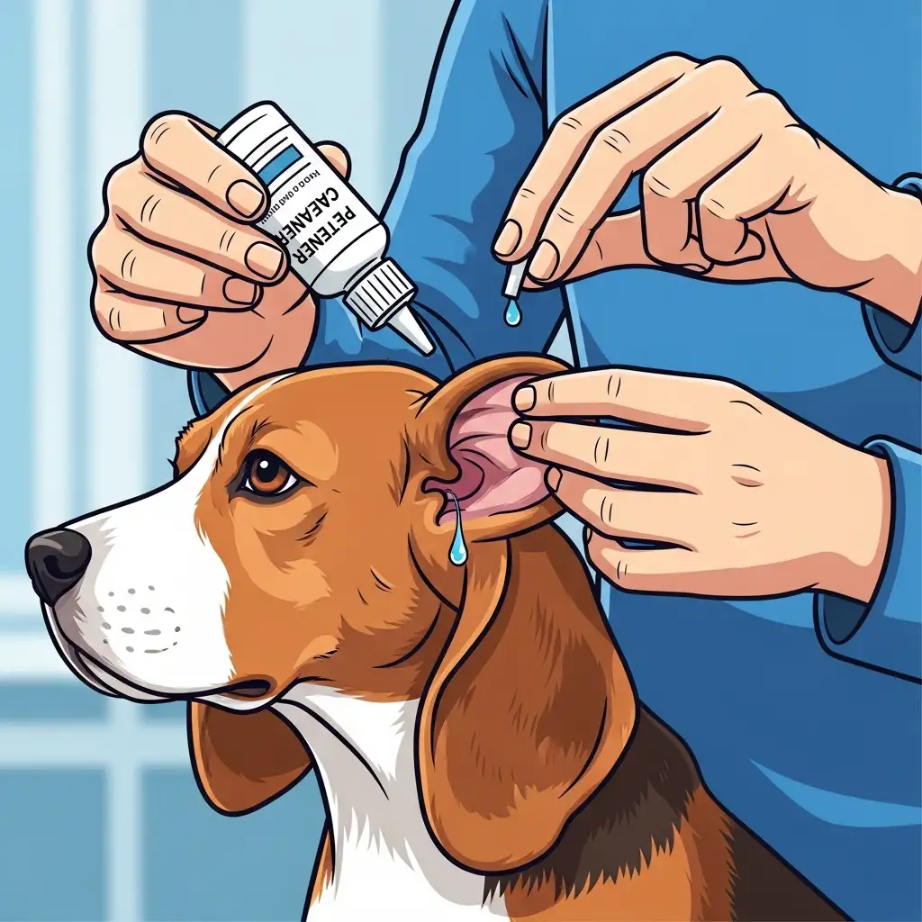 강아지 전용 귀 세정제를 사용하여 이도 내부에 세정액을 조심스럽게 넣는 과정입니다