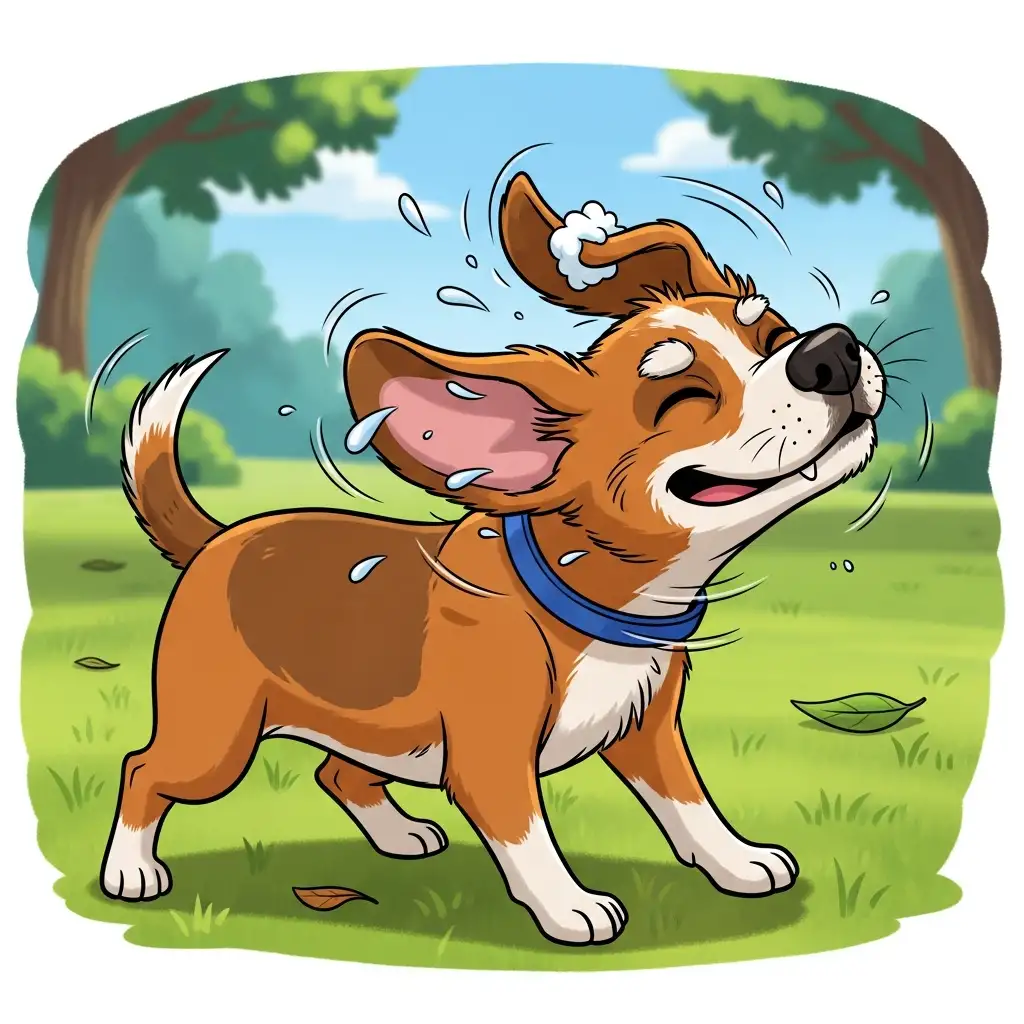 귀 청소를 마친 후 고개를 흔들어 귀 안의 잔여물을 자연스럽게 배출하는 강아지입니다