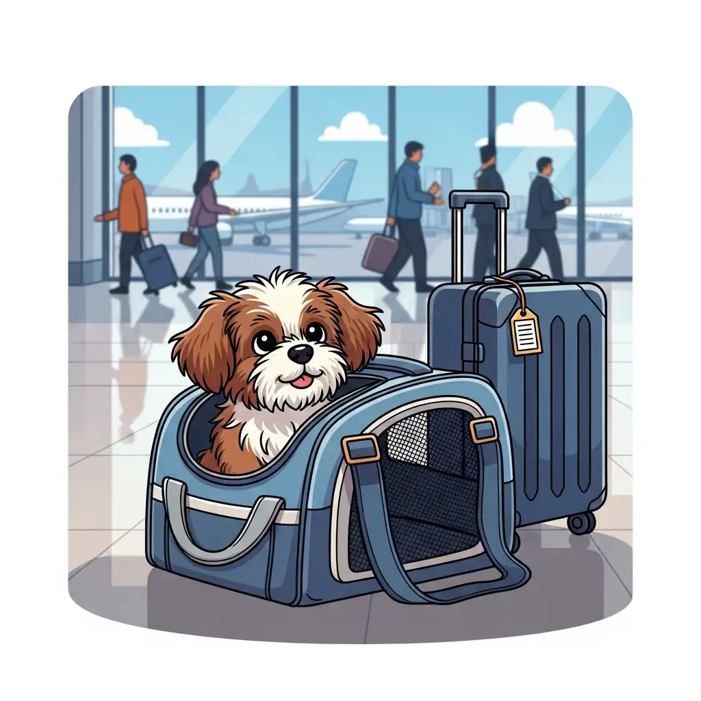 공항 터미널에서 이동장 안에 얌전히 앉아 여행을 기다리는 귀여운 강아지와 여행 가방의 모습