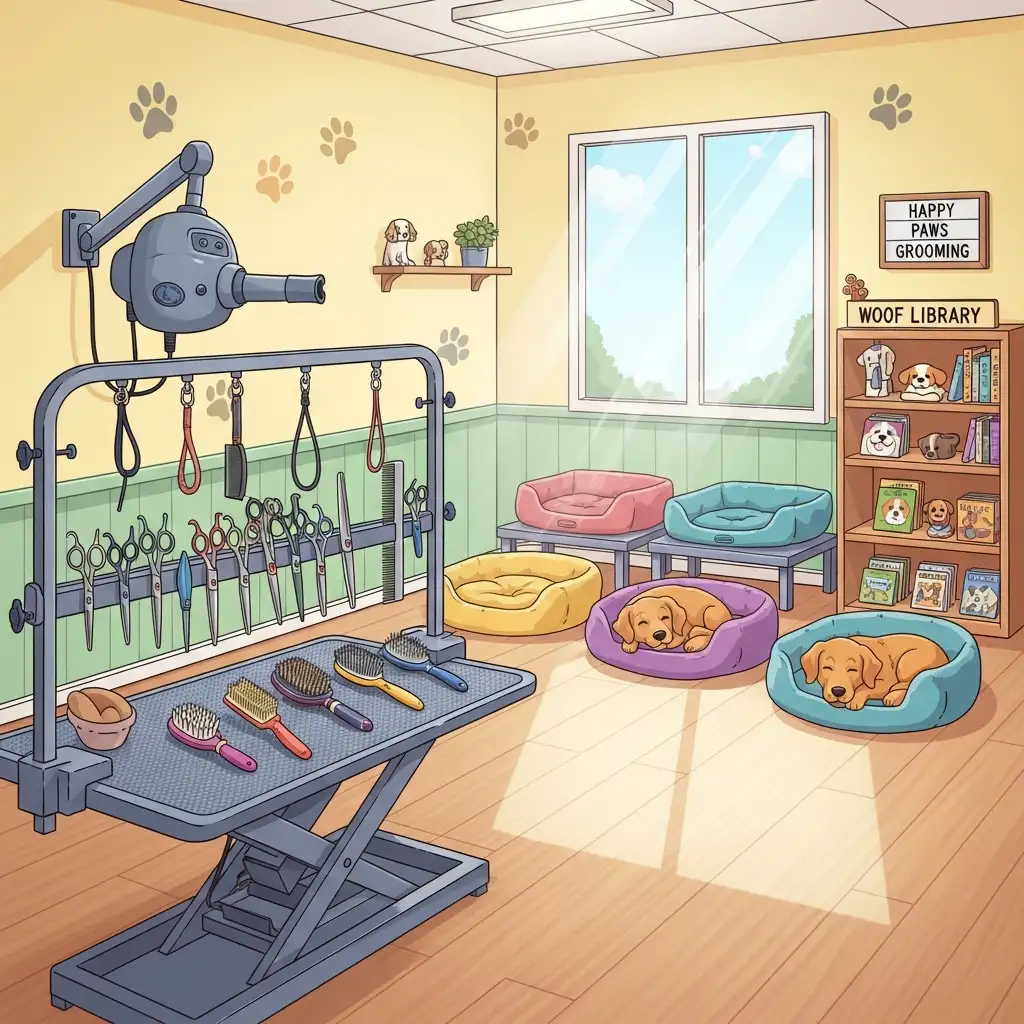 다양한 가위와 브러시가 정돈된 청결한 애견미용실 내부와 반려견을 위한 아늑한 대기 공간의 전경