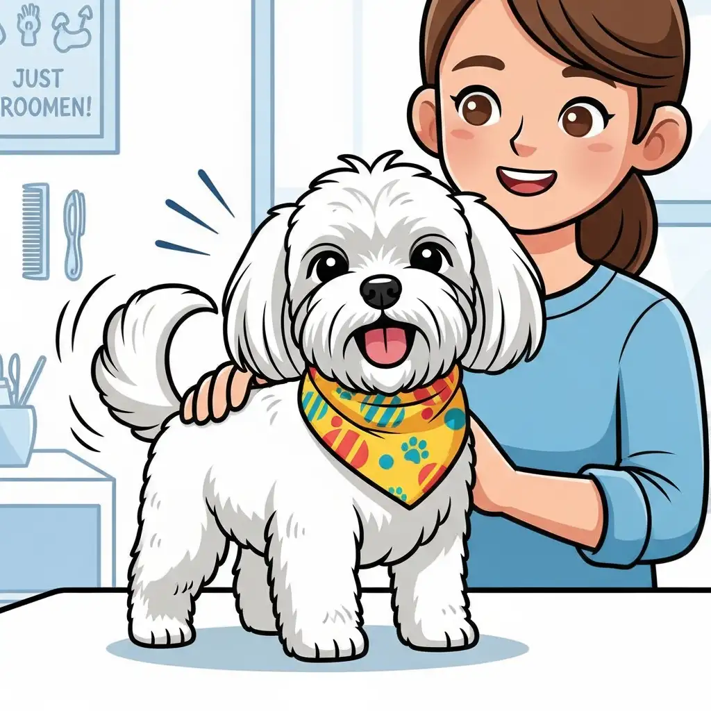 미용을 마치고 예쁜 스카프를 두른 채 보호자 옆에서 꼬리를 흔들며 행복해하는 귀여운 강아지