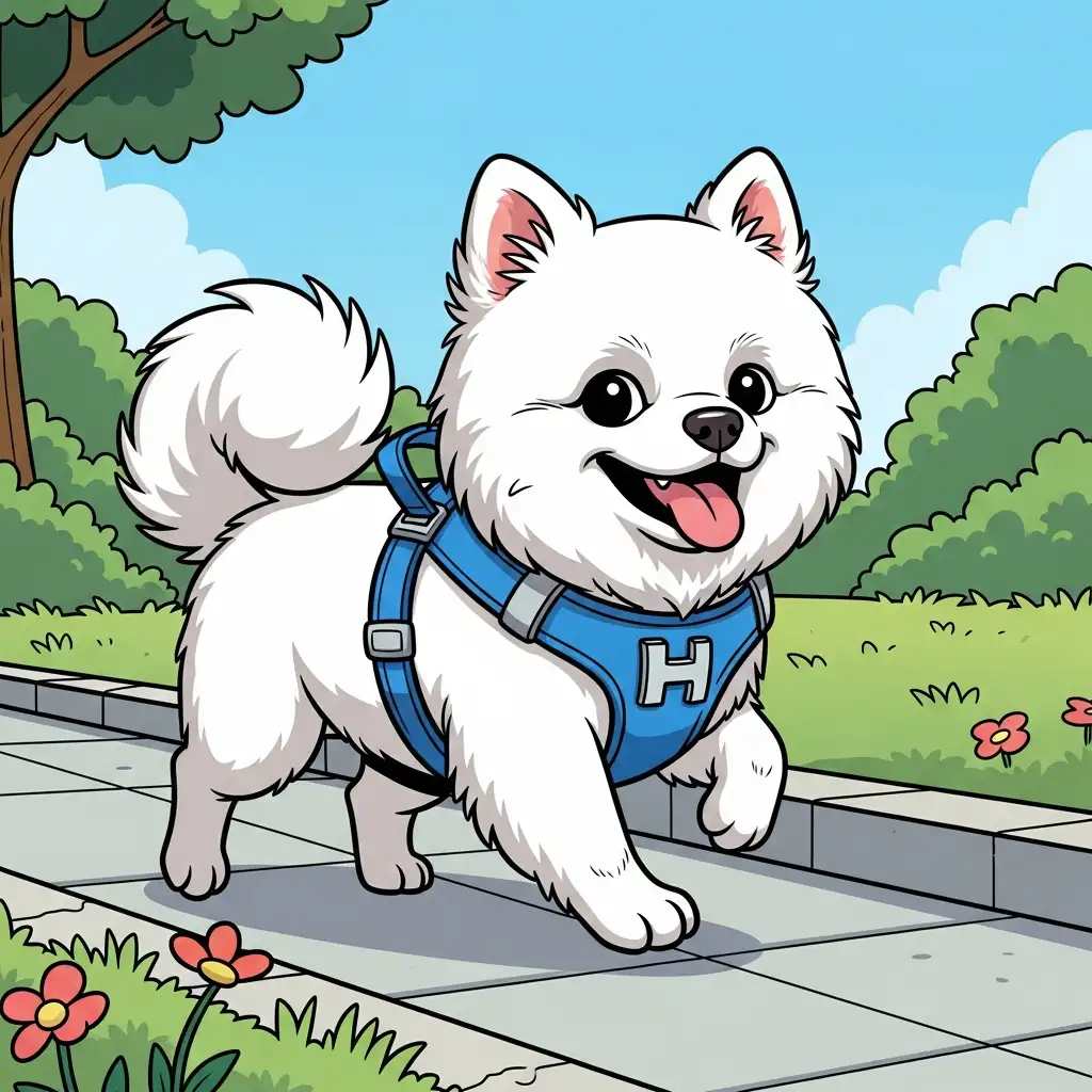 파란색 H형 하네스를 착용하고 즐겁게 산책하는 하얀색 포메라니안의 모습으로 반려견가슴줄의 편안함을 강조합니다.