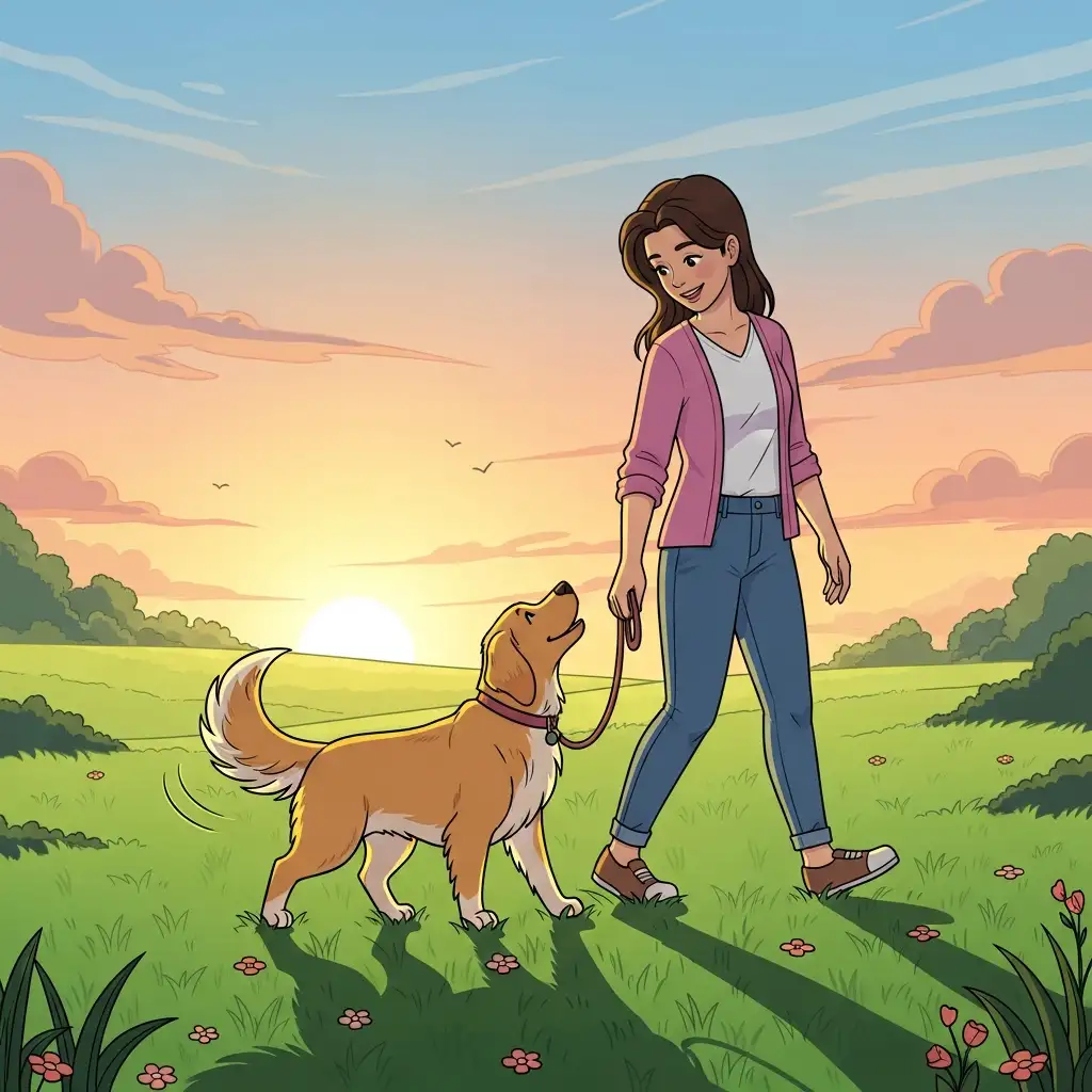 사춘기를 잘 극복하고 보호자와 깊은 신뢰 관계를 형성하며 산책하는 건강한 강아지