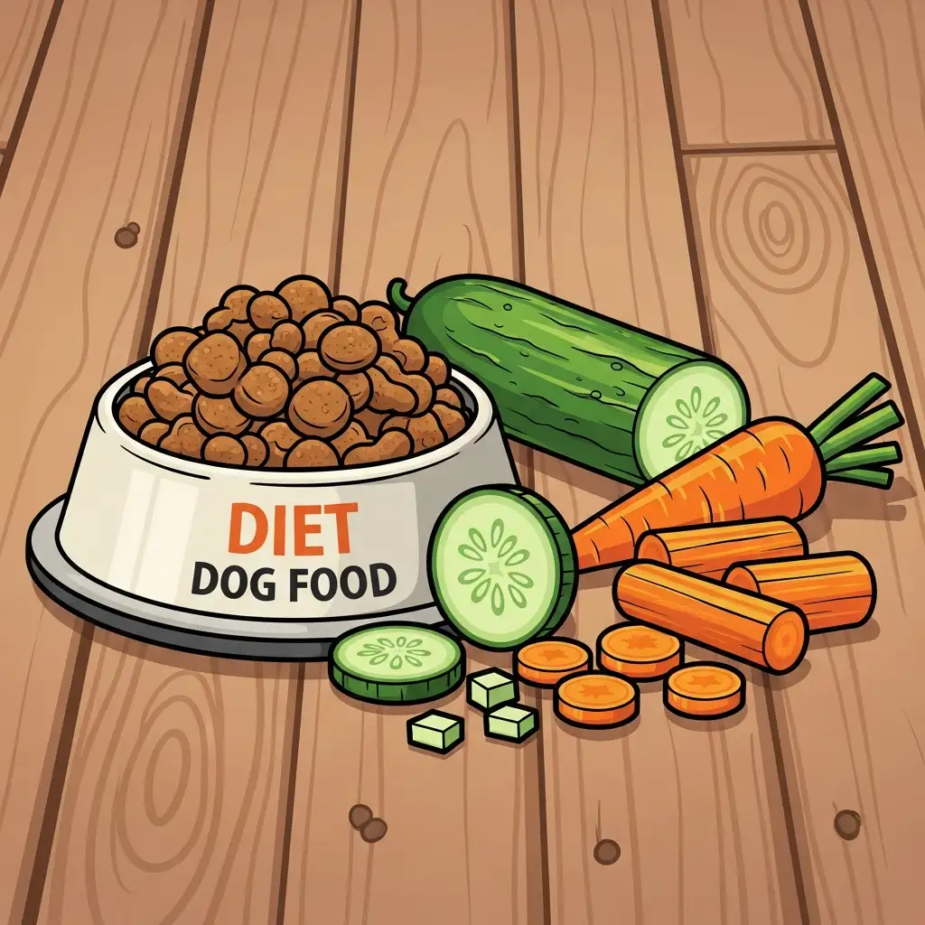 강아지 다이어트를 위해 준비된 저칼로리 비만 전용 사료와 신선한 오이 및 당근 채소 간식의 모습