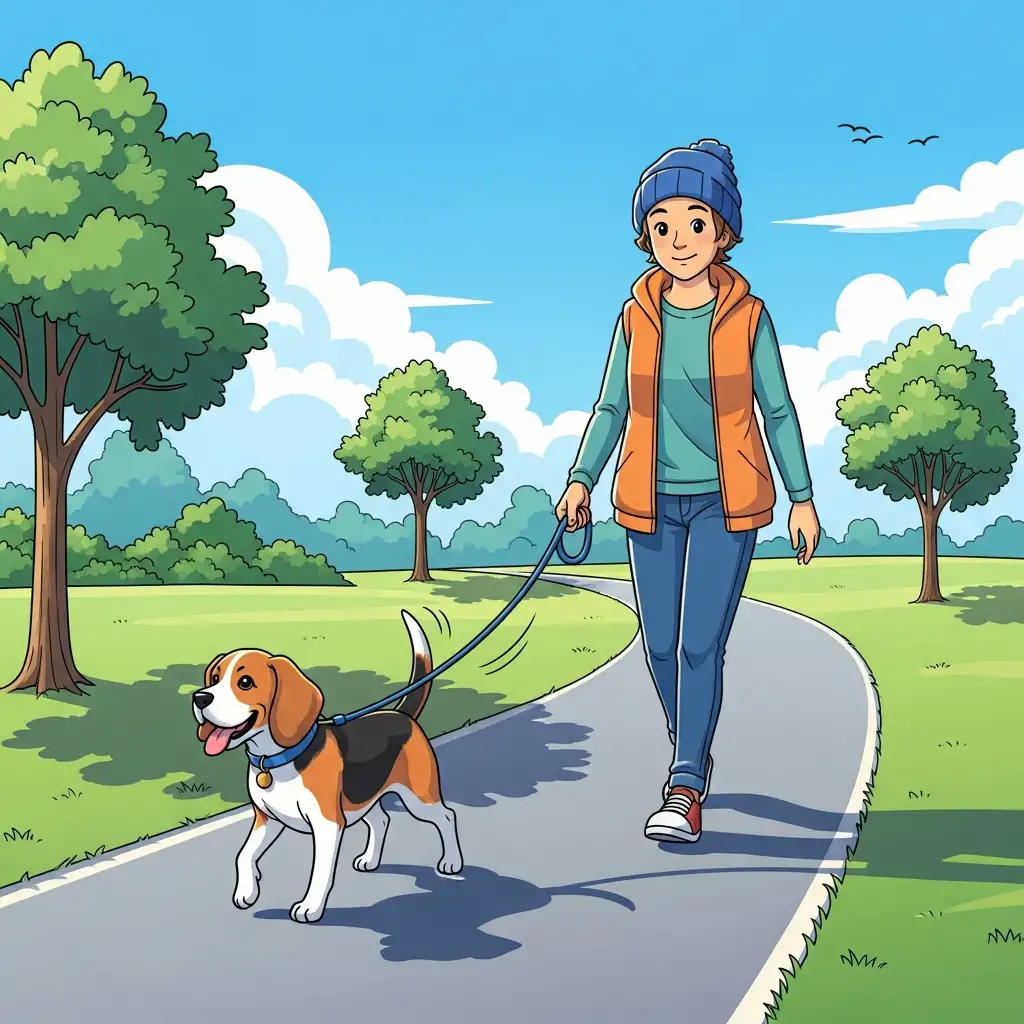 관절에 무리가 가지 않도록 평탄한 공원 산책로에서 보호자와 함께 천천히 산책하며 운동하는 강아지