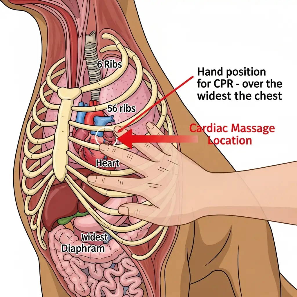 강아지 심폐소생술 시 정확한 흉부 압박 위치를 보여주는 해부학적 위치도와 손 모양 안내