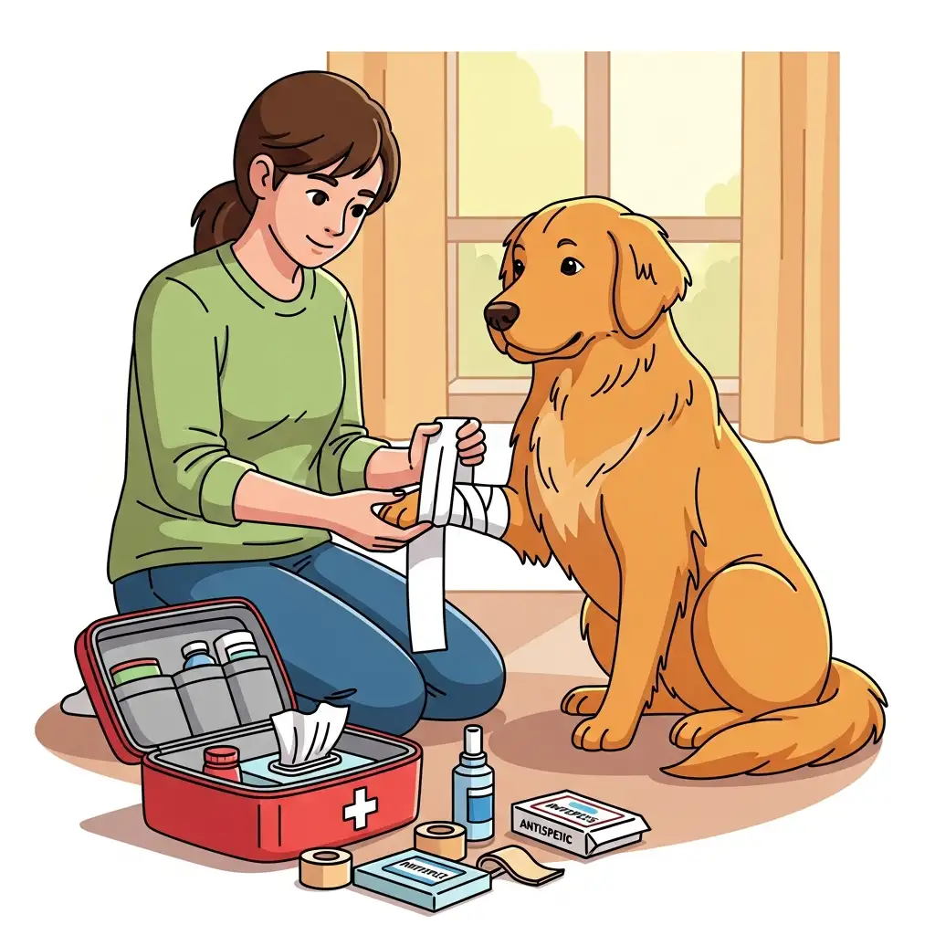 부상을 입은 강아지의 발을 깨끗한 붕대로 감싸며 응급처치를 해주고 있는 보호자의 따뜻한 모습