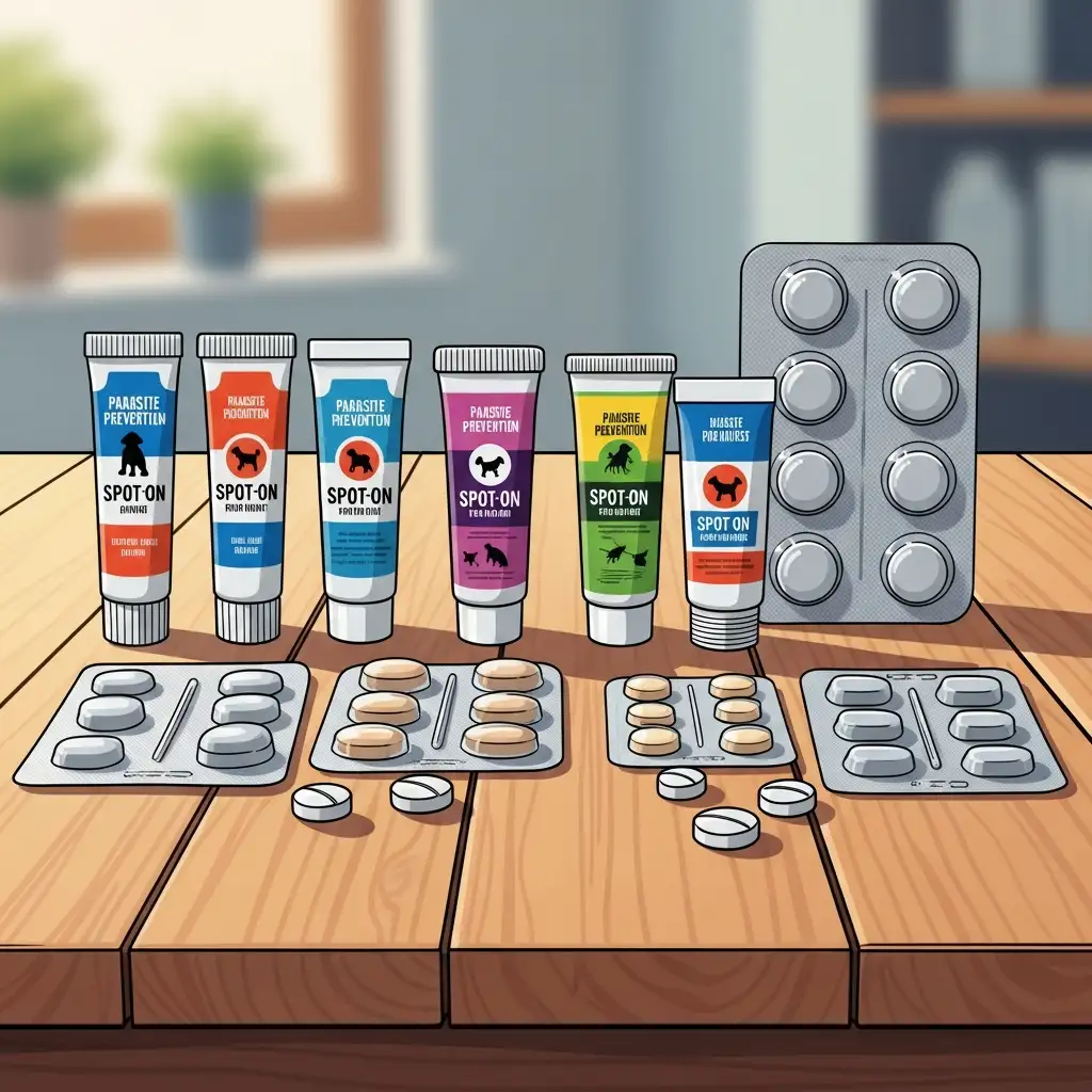 강아지외부기생충 예방을 위해 사용하는 바르는 약과 먹는 구충제 등 다양한 제품들의 모습입니다