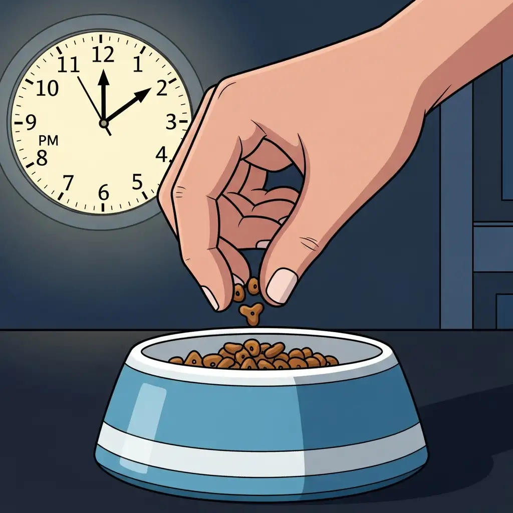 늦은 밤 강아지에게 공복 토 예방을 위해 소량의 야식을 급여하고 있는 보호자의 모습입니다.