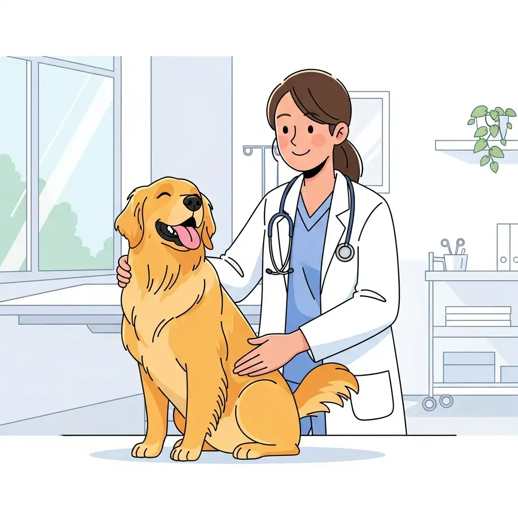 밝은 분위기의 동물병원에서 수의사가 건강한 강아지를 부드럽게 검진하며 소화기 건강을 확인하는 모습입니다.
