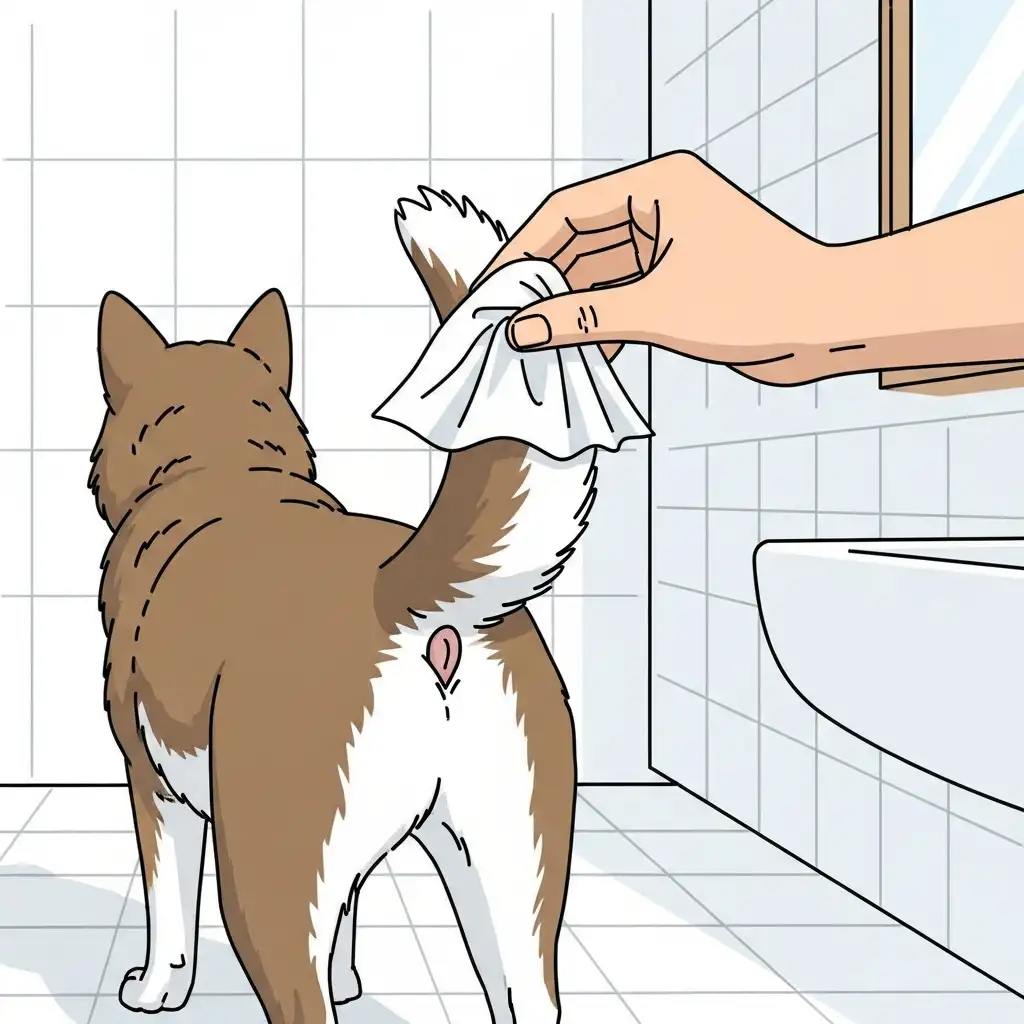 반려견의 꼬리를 살짝 들고 항문 주변을 위생적으로 관리하기 위해 티슈를 준비하는 보호자의 손길