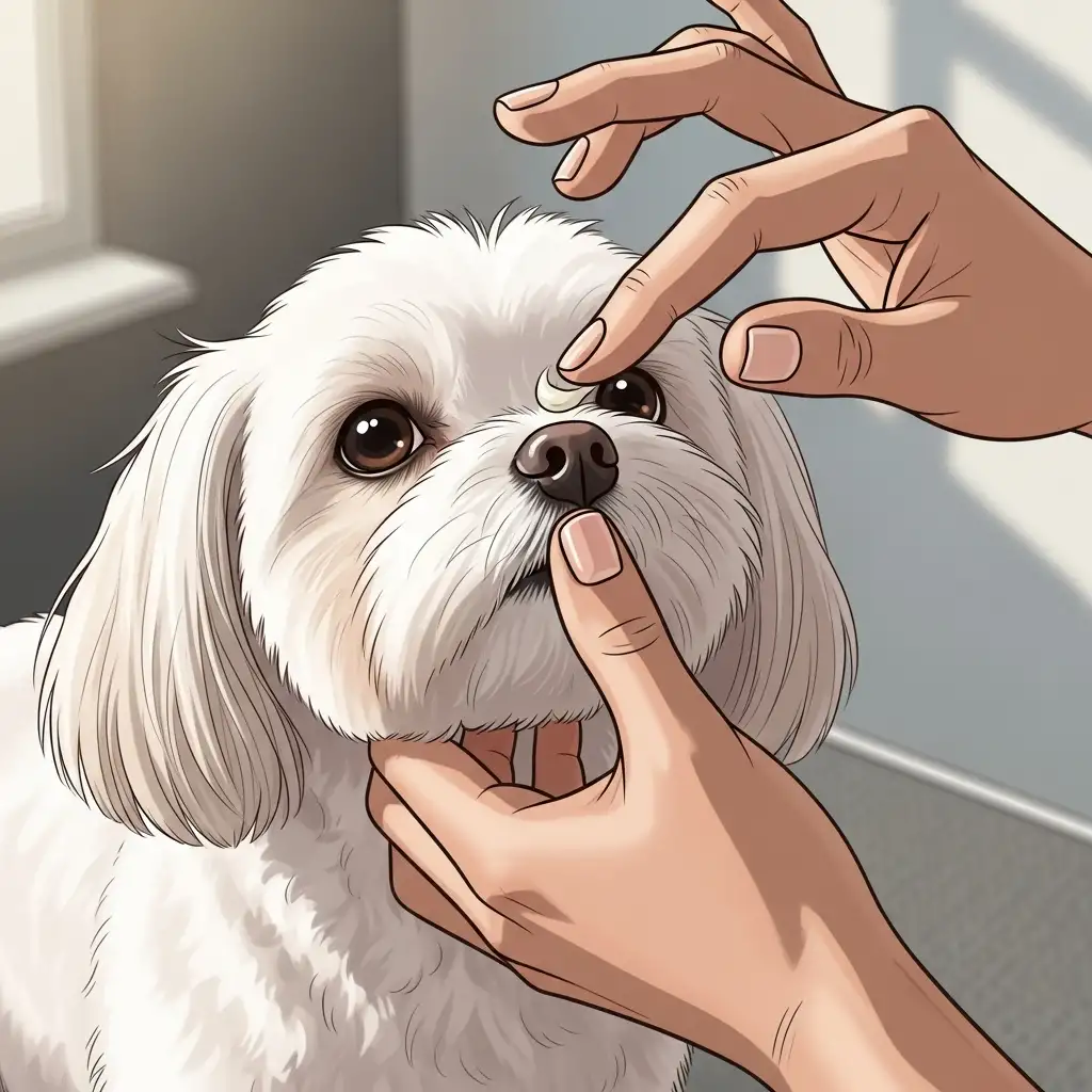 건조해진 강아지 코에 전용 보습 밤을 부드럽게 발라주어 코 건강을 관리하는 모습입니다.