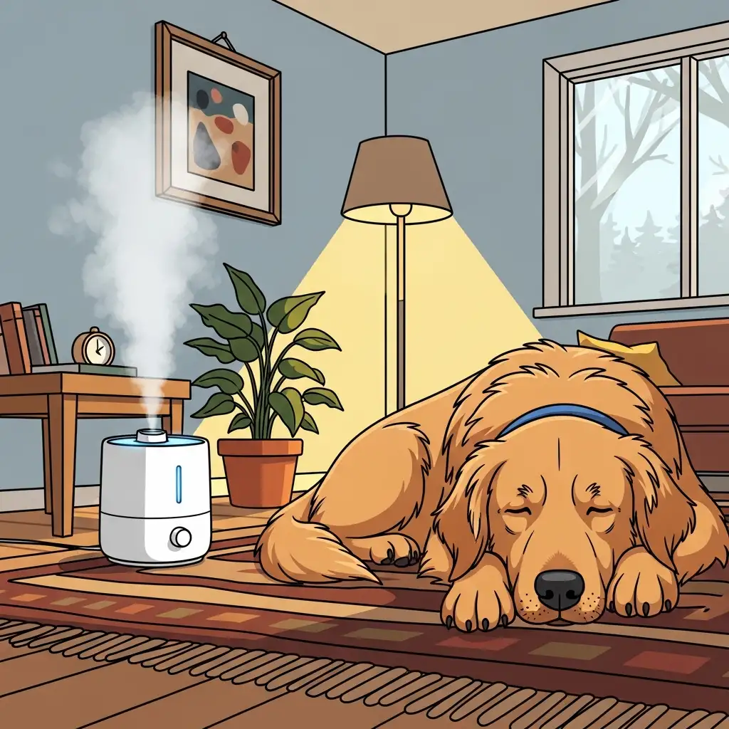 실내 습도를 적절히 유지하여 강아지의 코와 피부가 건조해지지 않도록 관리하는 쾌적한 환경입니다.