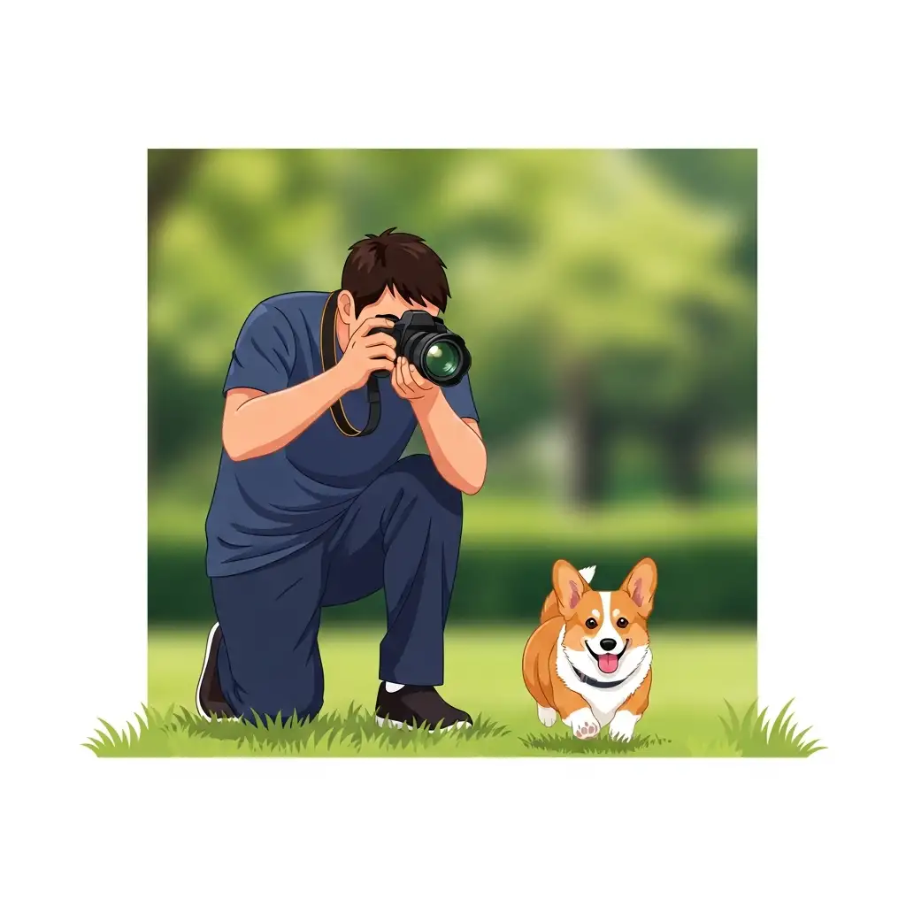 카메라를 낮게 들고 강아지의 눈높이에 맞춰 낮은 자세로 촬영하여 반려견의 생동감 넘치는 표정을 담아내는 아이 레벨 촬영 기법의 모습입니다.