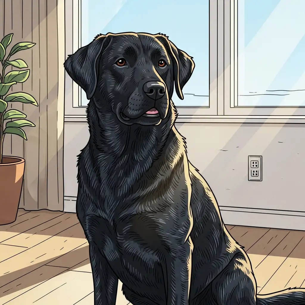 밝은 창가에서 자연광을 받아 검은색 털의 질감이 세밀하게 살아난 강아지 사진으로 적절한 노출 조절을 통해 완성된 실내 촬영 예시입니다.