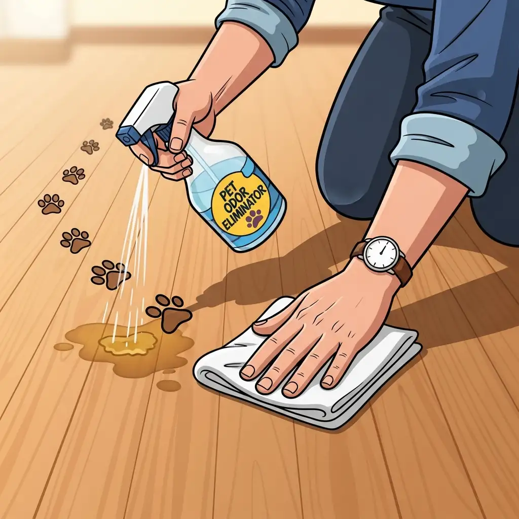 반려견 전용 탈취제를 사용하여 바닥의 소변 자국과 냄새를 꼼꼼하게 닦아내고 있는 보호자의 세심한 손길