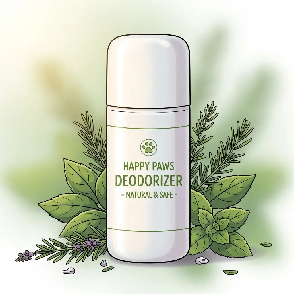 화학 성분 없이 안전한 천연 성분으로 만들어진 반려견 전용 탈취제 제품의 깔끔한 클로즈업 이미지